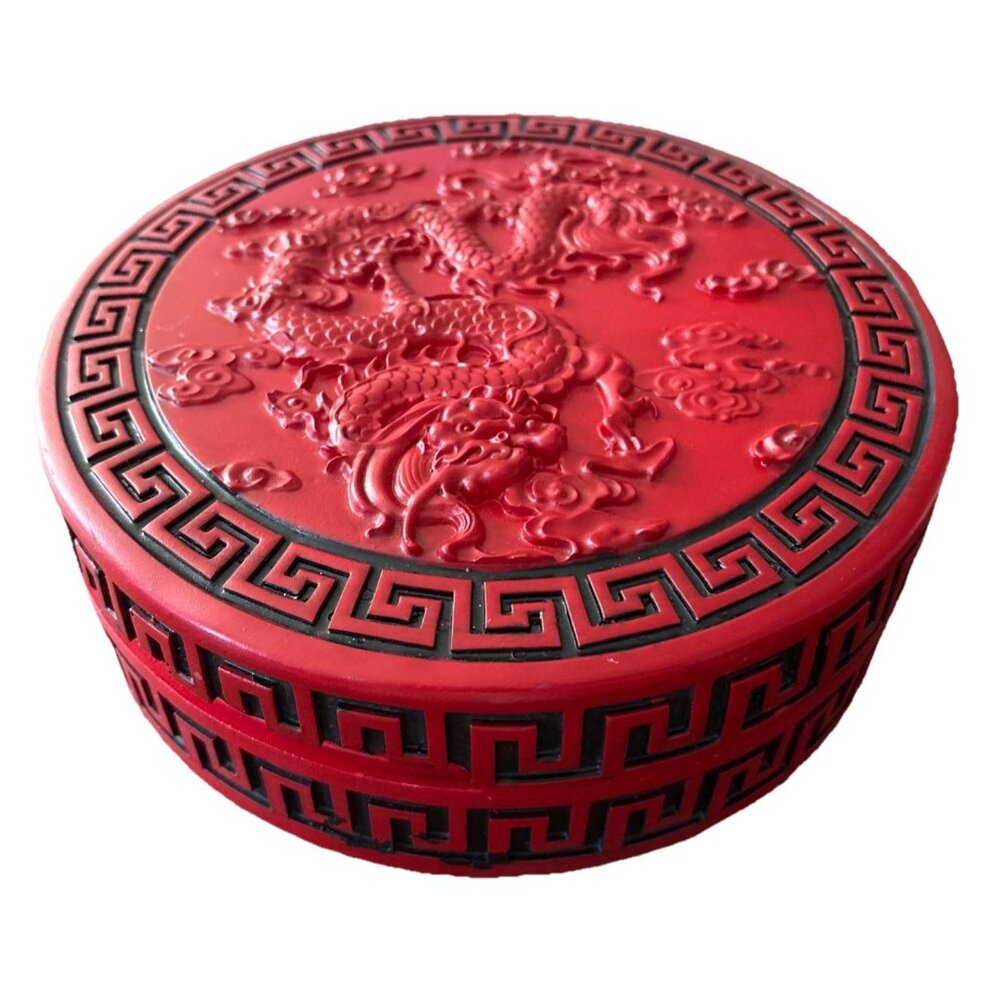 Chinese Black & Red Cinnabar Lacquer 8” Round Box w/ Dragon Design-READ